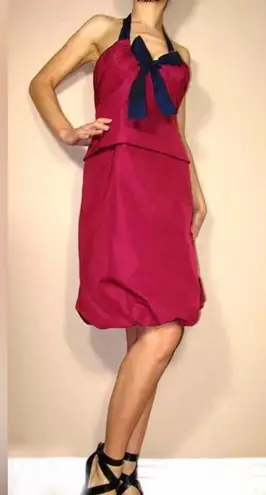 Max Mara Vintage Magenta Pink Navy Halter Silk Blend Dress Sz 6