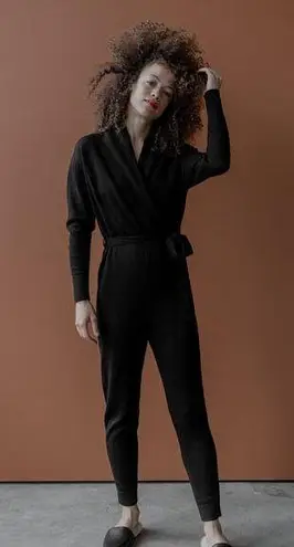 Sskein Black Wrap Neck Baby Alpaca Pima Cotton Shawl Collar Knit Jumpsuit Size S