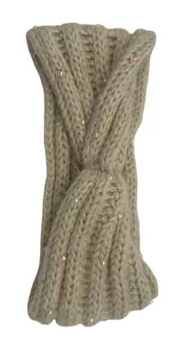 Twisted Knit Headband Pearl Embellished Beige Warm Winter Ear Warmer Outdoor Tan
