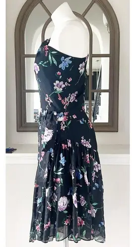 Shoshanna Midnight Gia One Shoulder Silk Floral Dress, Black Size 8 Retail $595