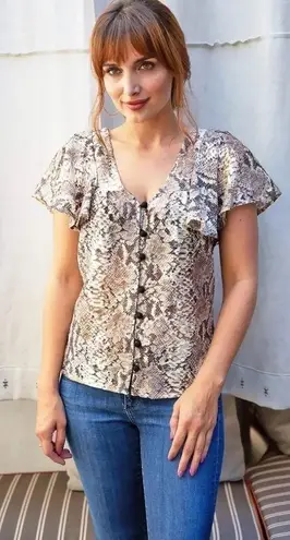 Eva Franco Anthropologie Willow Snake Print Flutter Sleeve Top Size Small Brown