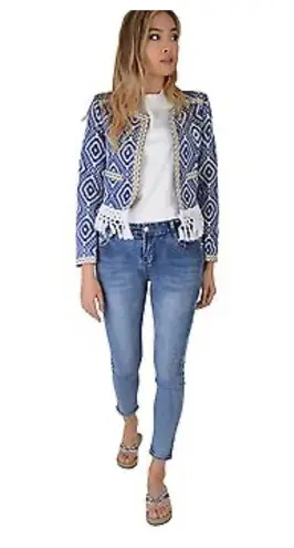 Lovemystyle Blue And White Aztec Print Jacket With Tasselled Hem UK 10 US 6 NWOT