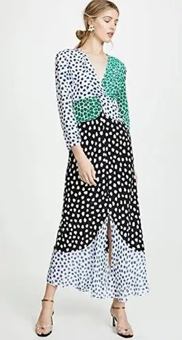 O.P.T. Cope Patchwork Polka Dot Colorblock Ruffle Twist Front Maxi Dress Small Green