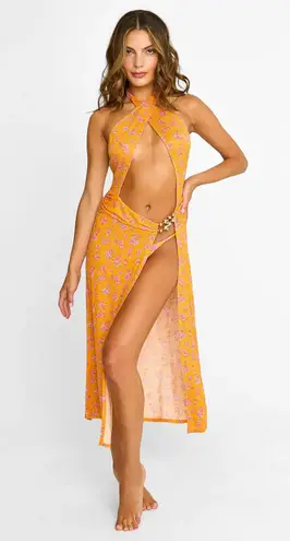 Beach Bunny Saddie bikini cover-up orange floral midi dress size S small NWT