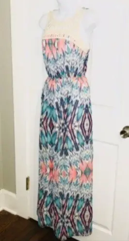 Lila Rose Lily Rose Tribal Ikat Crochet Lace Maxi Dress Teal S