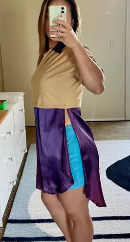 Beige cotton purple satin colorblock collared mini dress tunic size M medium Multiple