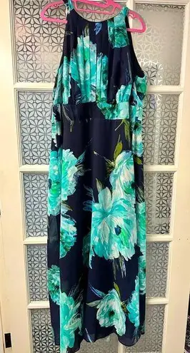 R & K navy teal floral chiffon maxi dress plus 16w