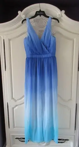 Jay Godfrey NWT Sinclair Blue Teal Ombre Chiffon Slit Front Maxi Dress Gown 8