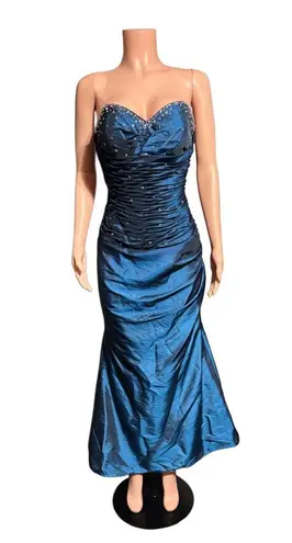 J&J Strapless long blue dress with beading and corset 10/M Size M