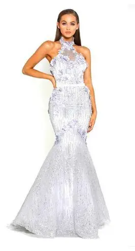 PORTIA AND SCARLETT Ice Queen Blue Silver Glitter Flower Halter Mermaid Gown 0