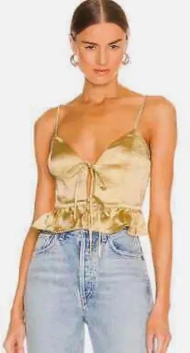 LPA Chartreuse Green Satin Front Tie Ruffle Hem Bardot