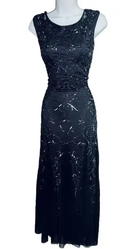 Adrianna Papell Beaded Navy Blue Evening Gown Maxi Dress Womens Small 4