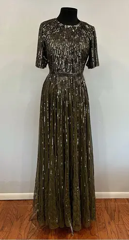 Mac Duggal  4913 Olive Green Sequined Stripe Cap Sleeve Formal Gown Size 8