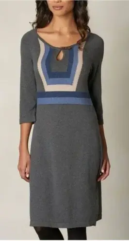 prAna Yarrah Organic Cotton Toggle Sweater Dress Sz S Charcoal Blue Tan Stripes
