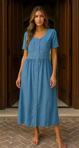 Vintage Boundary Waters Denim Dress Midi Button Front Pockets L Cottagecore 90s Blue Size L