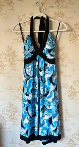 Vintage Y2K Dressbarn blue white black retro floral paisley halter mini dress Size 6