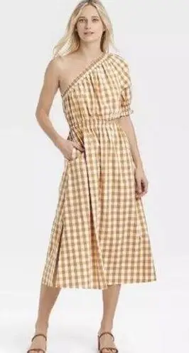 Who What Wear New  One Shoulder Cut Out Midi Summer Dress Gingham Honey Mustard 2X