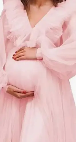 Tulle Ruffles Maternity Dress for Photoshoot Puffy Long Sleeve V Neck Baby Showe Pink Size L
