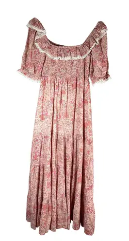 RIXO Joanie Pink Paisley Midi Light Floral Ruffle Dress Size Medium US 8 UK 12