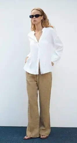 ZARA  Round Collar Linen Button V Neck Shirt Long Cuff Sleeves Side Slits M White