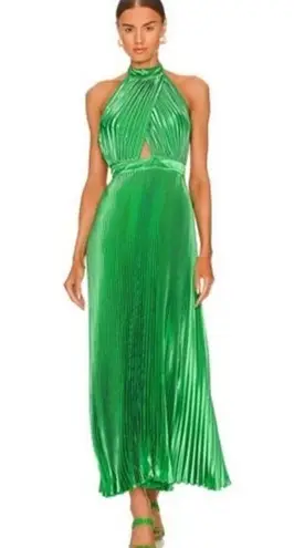 L’IDEE Bright Green Renaissance Mock Neck Pleated Satin Midi Dress Size 12