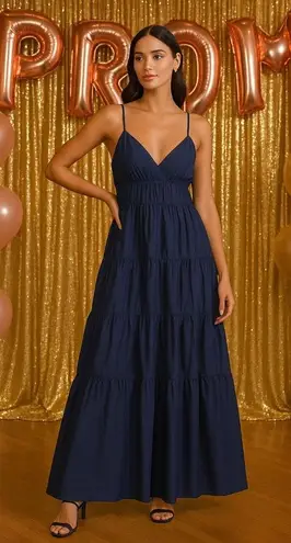 STAUD NWT Ripley Tiered Maxi Dress Navy Blue Size XS