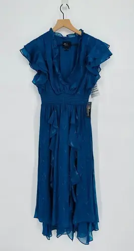 Shoshanna Maxine Metallic Midi Dress Ruffled in Dark Cerulean Blue Women's 6 NEW
