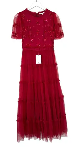 Ivy City Co. Embroidered Tulle Midi Red Floral Beaded Short Sleeve Size XS