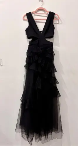 BCBGMaxazria Joela Tulle Pleated Waist Cutot Ruffle Maxi Gown Black Women's 0
