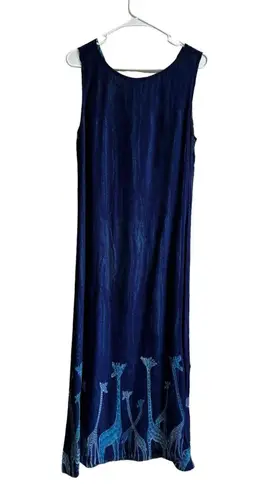 Vtg Day For Night Blue Giraffe Maxi Dress Blue Round Neck Sleeveless Women's M Size M