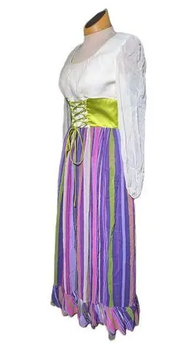 Vtg 1970s White Purple Striped Green Corseted Renaissance Peasant Dress 6 8