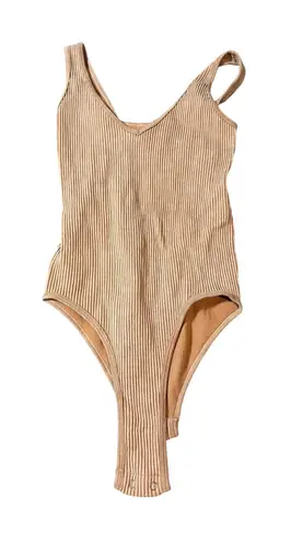 Aura Size Small/Medium Women Bodysuit Tan Brown Ribbed Stretch Y2K Sleeveless