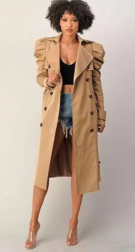 Double Breasted Puffed Shoulder Belted Trench Coat Size L