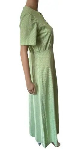 Handmade Vintage 70s Green White Geometric Modest Cottagecore Prairie Maxi Dress Size M