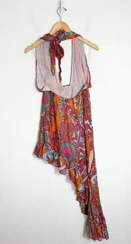 Sundress Amina Dress Size Large Fuchsia orange Print Halter Neck Asymmetric Hem