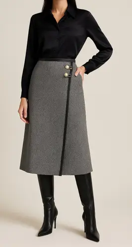 Sag Harbor Gray Herringbone Midi Skirt Faux Leather Trim Sze 12 Luxury Equestrian Academia