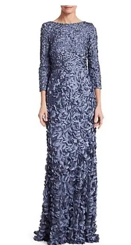 Theia Slate Blue Petal Appliqué boat neck Long sleeve floor Length Formal gown 6