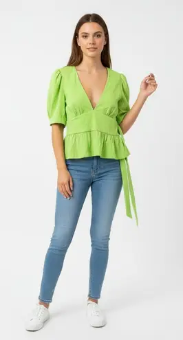 Moon River Blouse Womens Small Lime Green Peplum Puff Sleeve V Neck Boho Chic