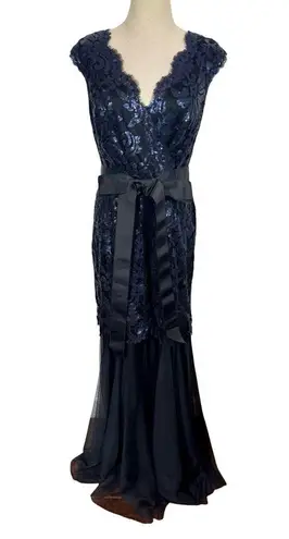 Tadashi Shoji Sequin and Tulle Lace Mermaid Gown Ribbon Tie in Navy 3T1430LX