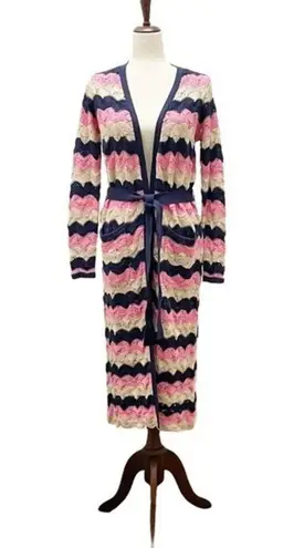 Laurie Felt Pointelle Knit Maxi Cardigan Duster Sweater Navy Pink Tan Size XXS