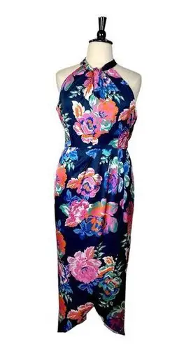 Julia Jordan New Dress Halter Neck Wrap Blue Pink Floral Satin Women’s Size 16