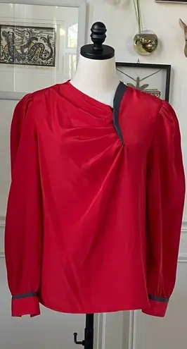 Vintage 80s Chaus Red Blouse Dark Grey Trim Asymmetrical Neck L Size L