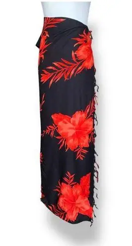 Vintage Hibiscus Collection Black Red Hawaiian Floral Fringe Convertible Sarong Size undefined