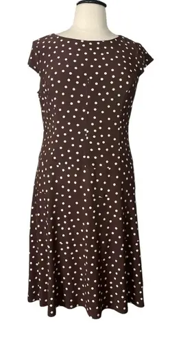 Jones Wear Dress A-line Midi Jersey Knit Brown White Polka Dot Women’s Size 16
