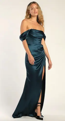 Lulus Stunning Arrival Dark Teal Satin Off The Shoulder Maxi Dress Formal XL NWT Blue