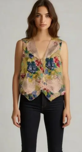 Vintage Floral Vest Eccentric Lace Embellished Crochet Heart Butter Yellow Retro Size XL