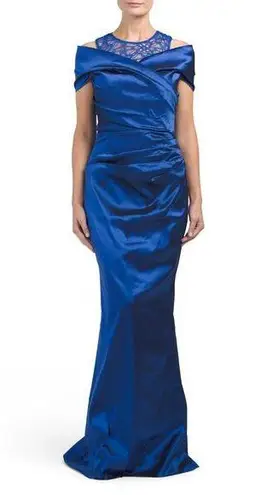 NWT Rickie Freeman for Teri Jon Royal Blue Ruched Off Shoulder Lace Neck Dress 4