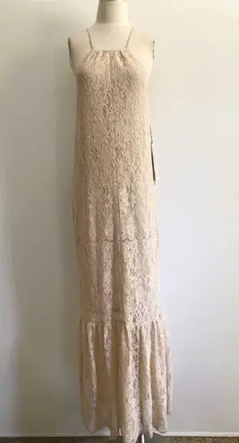 Lace Halter Mermaid Formal Prom Wedding Gown Dress Tan