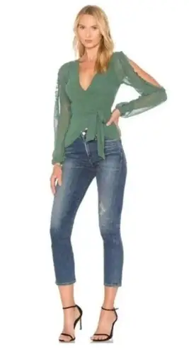 Majorelle  Katya Wrap Blouse in Jade Green Long Sleeve Peekaboo Arms Small