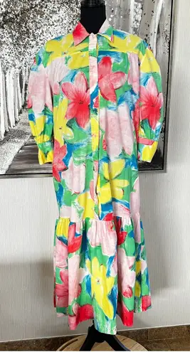 Egon Von Furstenberg Floral Maxi Shirt Dress Flowy Puffy Sleeve Tiered Cotton Yellow Size undefined